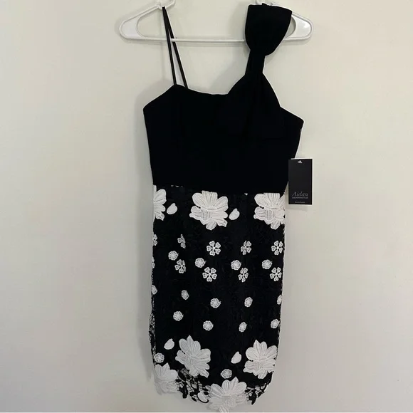 Aidan by Aidan Mattox black white floral lace mini dress one-shoulder bow NWT - Picture 1 of 10